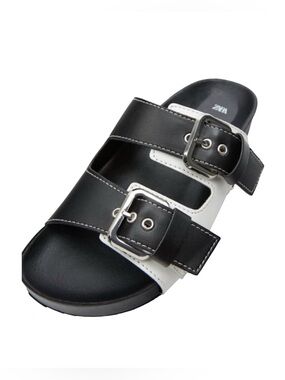 Zara Black and White Double Buckle Slide Sandals EUC